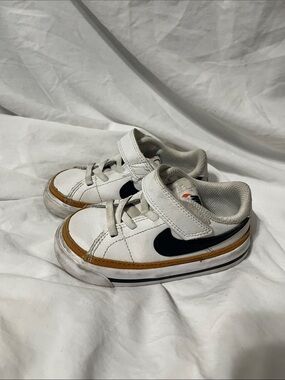 Nike Court Legacy Kids White Sneakers with Black Swoosh and Tan Accent